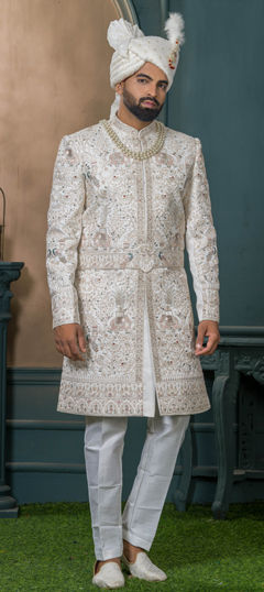 White and Off White color Sherwani in Silk fabric with Embroidered, Sequence, Thread work