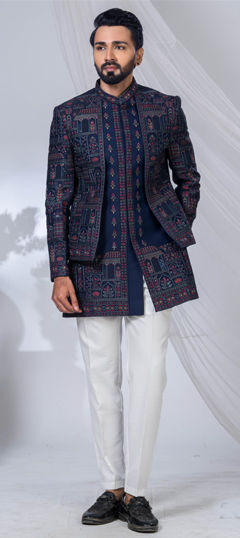 Blue color IndoWestern Dress in Silk fabric with Embroidered work