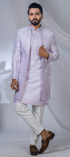 Purple and Violet color IndoWestern Dress in Silk fabric with Embroidered, Sequence work
