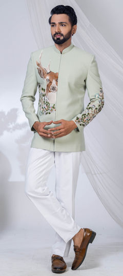 Green color Jodhpuri Suit in Viscose fabric with Embroidered, Thread work