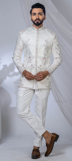 White and Off White color Jodhpuri Suit in Rayon fabric with Embroidered, Sequence work