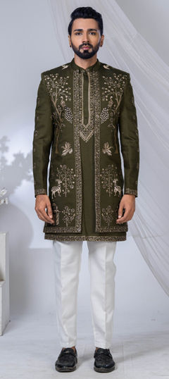 Green color IndoWestern Dress in Silk fabric with Embroidered, Sequence work