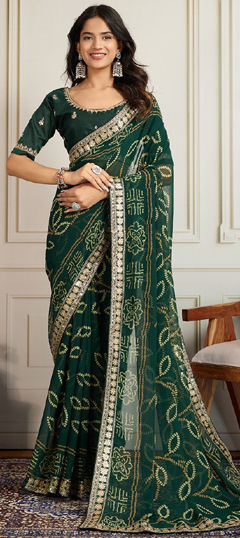 Green color Saree in Georgette fabric with Bandhej, Embroidered, Sequence work