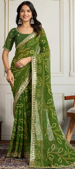 Green color Saree in Georgette fabric with Bandhej, Embroidered, Sequence work