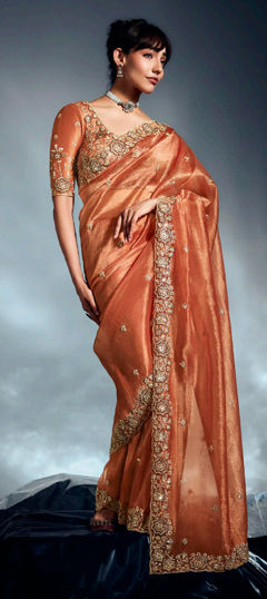 Orange color Saree in Silk fabric with Embroidered, Resham, Sequence, Zari work