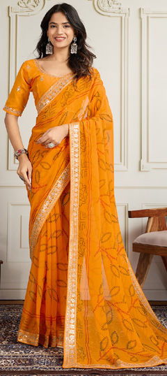 Yellow color Saree in Georgette fabric with Bandhej, Embroidered, Sequence work