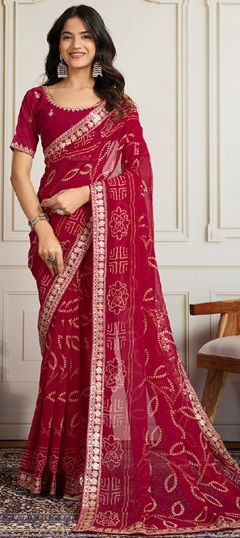Pink and Majenta color Saree in Georgette fabric with Bandhej, Embroidered, Sequence work