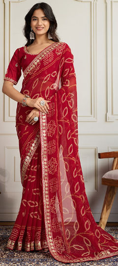 Red and Maroon color Saree in Georgette fabric with Bandhej, Embroidered, Sequence work