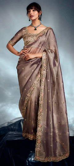 Black and Grey color Saree in Silk fabric with Embroidered, Resham, Sequence, Zari work