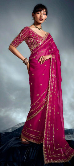 Pink and Majenta color Saree in Silk fabric with Embroidered, Resham, Sequence, Zari work