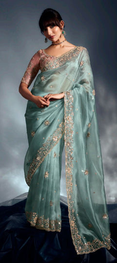 Blue color Saree in Silk fabric with Embroidered, Resham, Sequence, Zari work