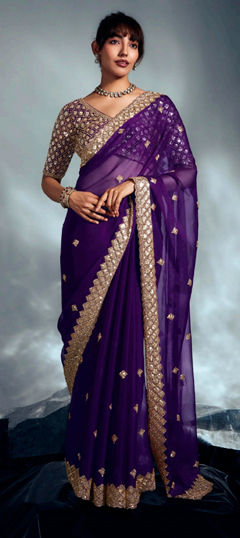 Purple and Violet color Saree in Silk fabric with Embroidered, Resham, Sequence, Zari work