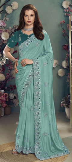 Blue color Saree in Georgette fabric with Embroidered, Zari work