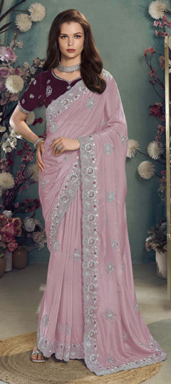 Purple and Violet color Saree in Georgette fabric with Embroidered, Zari work
