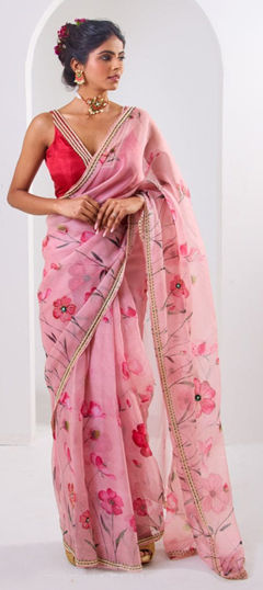 Pink and Majenta color Saree in Organza Silk fabric with Bugle Beads, Floral, Printed work