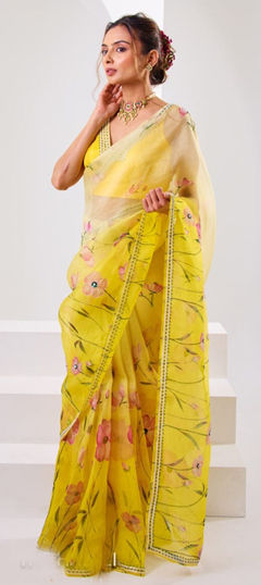 Yellow color Saree in Organza Silk fabric with Bugle Beads, Floral, Printed work