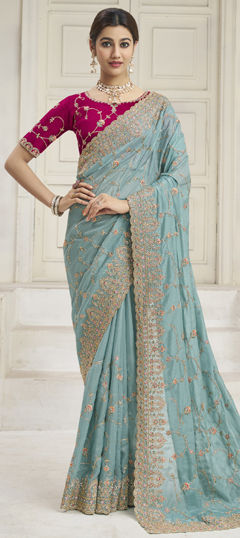 Blue color Saree in Georgette fabric with Embroidered, Thread, Zari, Zircon work