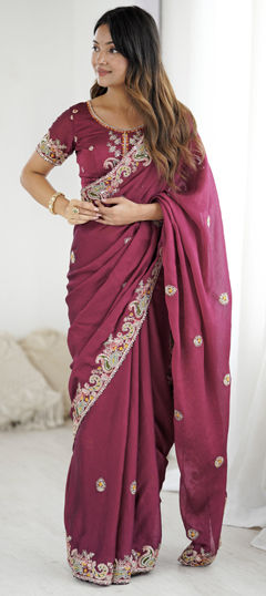 Red and Maroon color Saree in Art Silk fabric with Embroidered, Sequence, Thread work