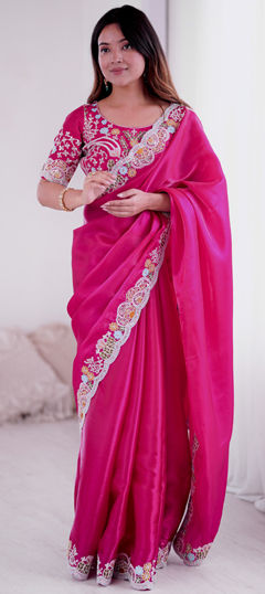 Pink and Majenta color Saree in Art Silk fabric with Embroidered, Sequence, Thread work