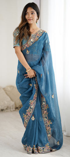 Blue color Saree in Art Silk fabric with Embroidered, Sequence, Thread work