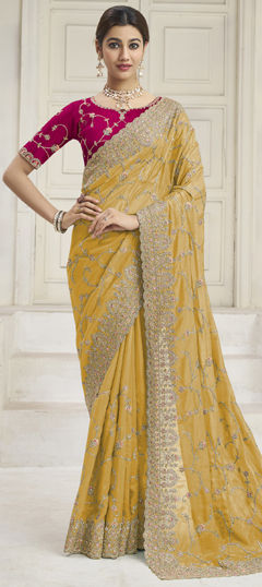 Yellow color Saree in Georgette fabric with Embroidered, Thread, Zari, Zircon work