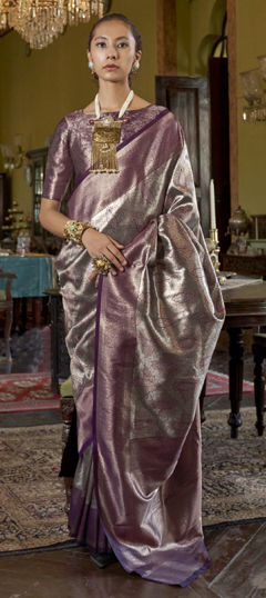 Black and Grey color Saree in Kanjeevaram Silk fabric with Weaving work