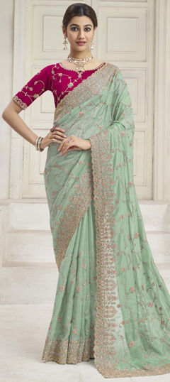 Green color Saree in Georgette fabric with Embroidered, Thread, Zari, Zircon work