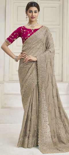 Beige and Brown color Saree in Georgette fabric with Embroidered, Thread, Zari, Zircon work