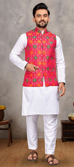 Pink and Majenta color Kurta Pyjama with Jacket in Cotton fabric with Weaving work