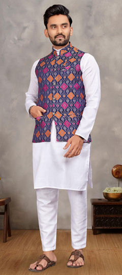 Blue color Kurta Pyjama with Jacket in Cotton fabric with Weaving work