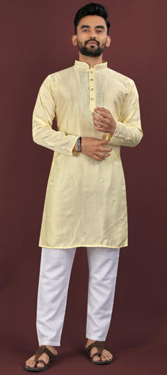 Yellow color Kurta Pyjamas in Viscose fabric with Embroidered, Sequence work