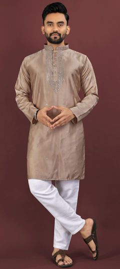 Beige and Brown color Kurta Pyjamas in Viscose fabric with Embroidered, Sequence work