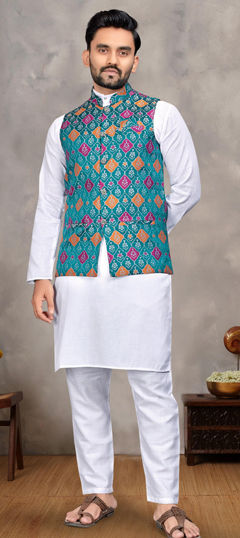 Blue color Kurta Pyjama with Jacket in Cotton fabric with Weaving work