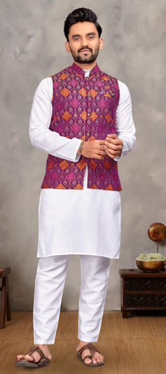 Purple and Violet color Kurta Pyjama with Jacket in Cotton fabric with Weaving work