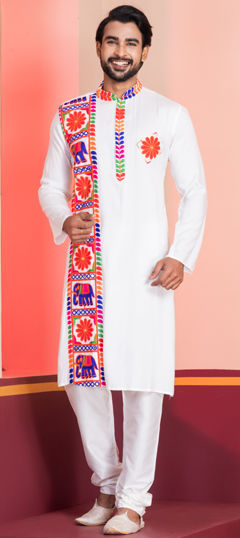 White and Off White color Kurta Pyjamas in Rayon fabric with Embroidered, Lace work