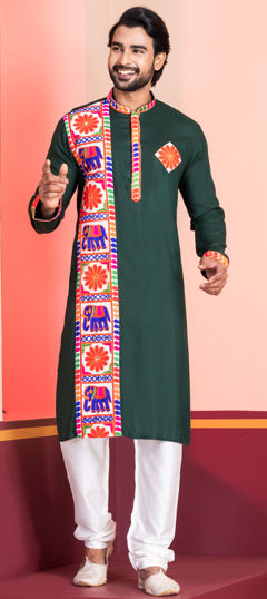 Green color Kurta Pyjamas in Rayon fabric with Embroidered, Lace work