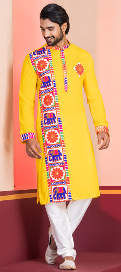 Yellow color Kurta Pyjamas in Rayon fabric with Embroidered, Lace work