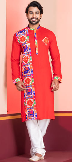 Red and Maroon color Kurta Pyjamas in Rayon fabric with Embroidered, Lace work