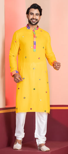 Yellow color Kurta Pyjamas in Rayon fabric with Embroidered, Lace work