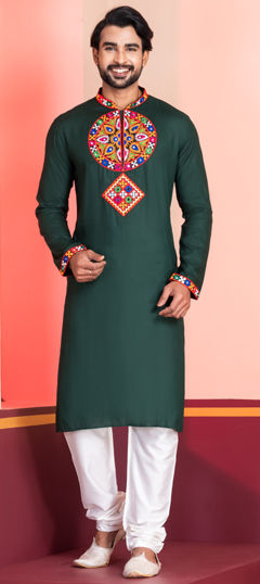 Green color Kurta Pyjamas in Rayon fabric with Embroidered, Lace work