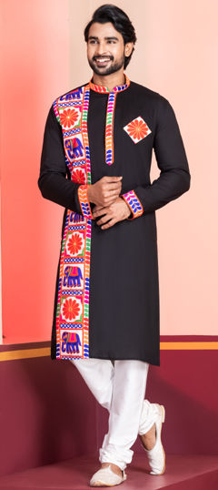 Black and Grey color Kurta Pyjamas in Rayon fabric with Embroidered, Lace work