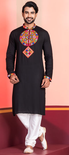 Black and Grey color Kurta Pyjamas in Rayon fabric with Embroidered, Lace work