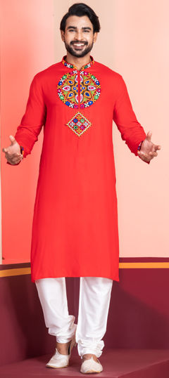 Red and Maroon color Kurta Pyjamas in Rayon fabric with Embroidered, Lace work