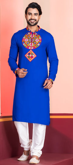 Blue color Kurta Pyjamas in Rayon fabric with Embroidered, Lace work