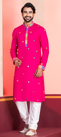 Pink and Majenta color Kurta Pyjamas in Rayon fabric with Embroidered, Lace work