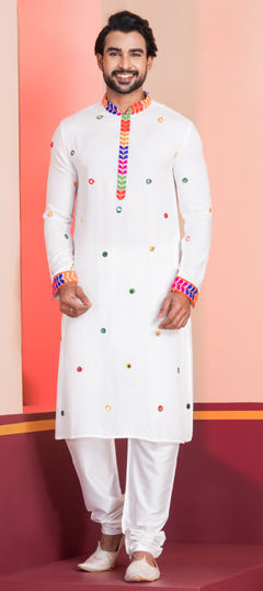 White and Off White color Kurta Pyjamas in Rayon fabric with Embroidered, Lace work