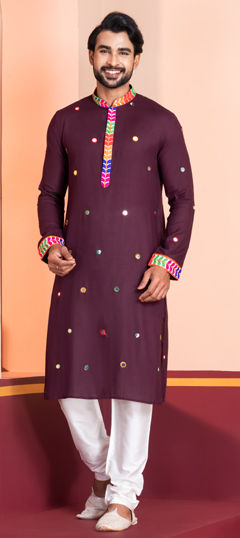 Beige and Brown color Kurta Pyjamas in Rayon fabric with Embroidered, Lace work