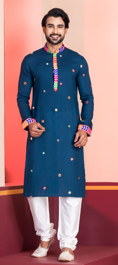 Blue color Kurta Pyjamas in Rayon fabric with Embroidered, Lace work