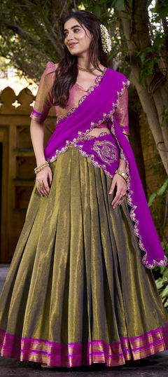 Green color Lehenga in Kanchipuram Silk fabric with Embroidered, Sequence, Thread work