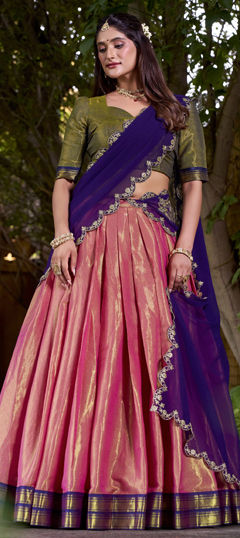 Pink and Majenta color Lehenga in Kanchipuram Silk fabric with Embroidered, Sequence, Thread work
